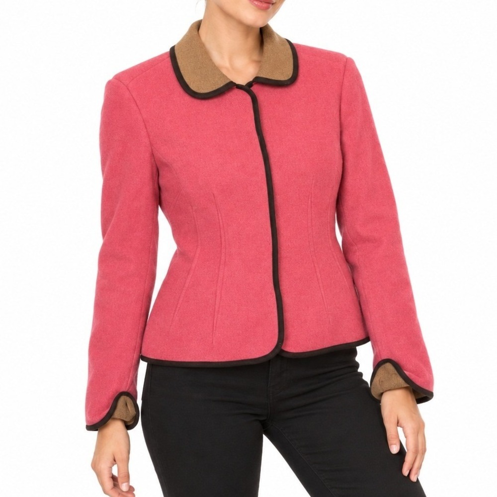 Evan-Picone Blazer Women 10 Pink Wool Blend Peter Pan Collar Contrast Workwear